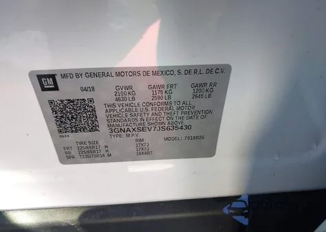 2018 Chevrolet Equinox Lt z USA, uszkodzony, nr VIN 3GNAXSEV7JS635430